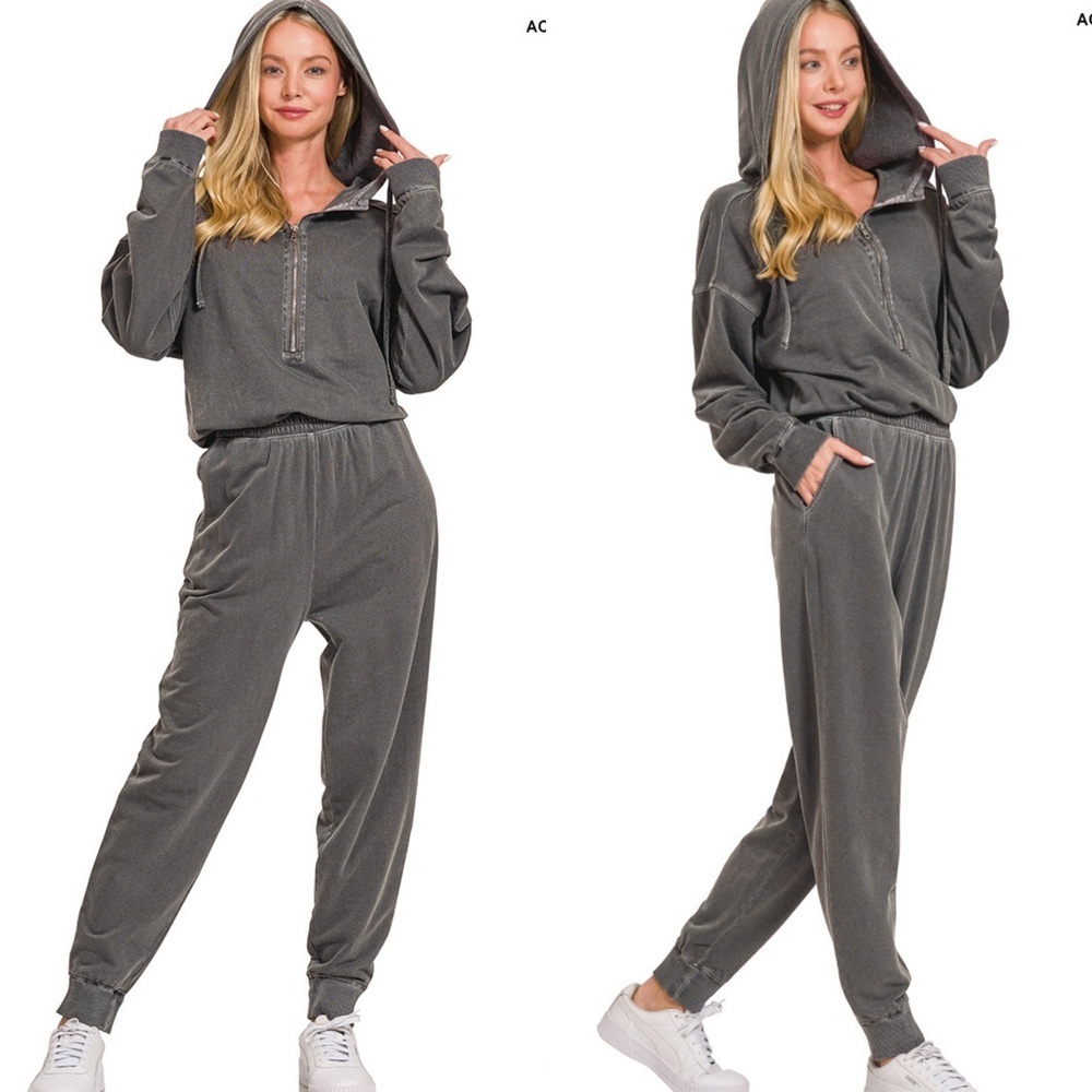 NEW Zenana Ash Black French Terry Cotton Hooded Jogger Jumpsuit Size Small